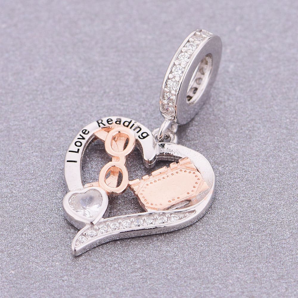 "I Love Reading" Heart Charm - 925 Silver & Rose Gold Book Pendant