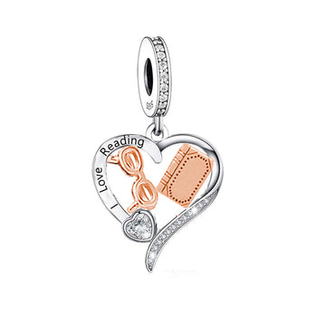 "I Love Reading" Heart Charm - 925 Silver & Rose Gold Book Pendant