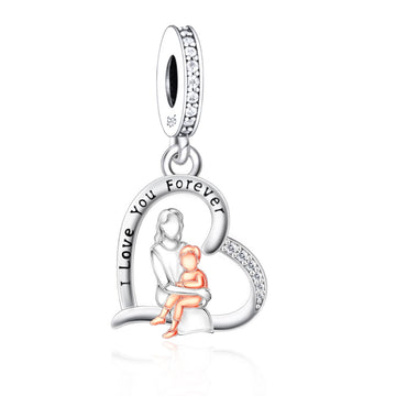 "Eternal Embrace" Mother & Son Heart Dangle - 925 Silver Two-Tone Gold