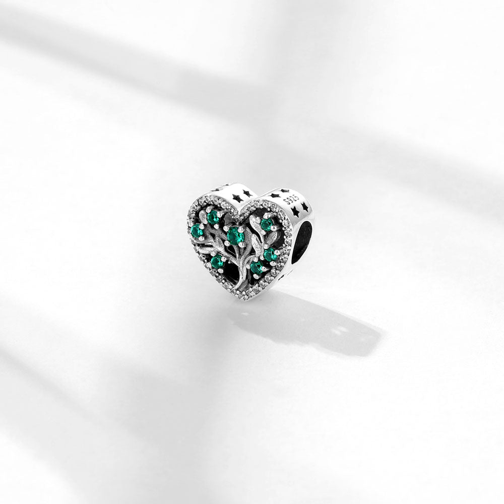 "Eternal Roots" Family Tree Heart Charm - 925 Silver Green Zirconia