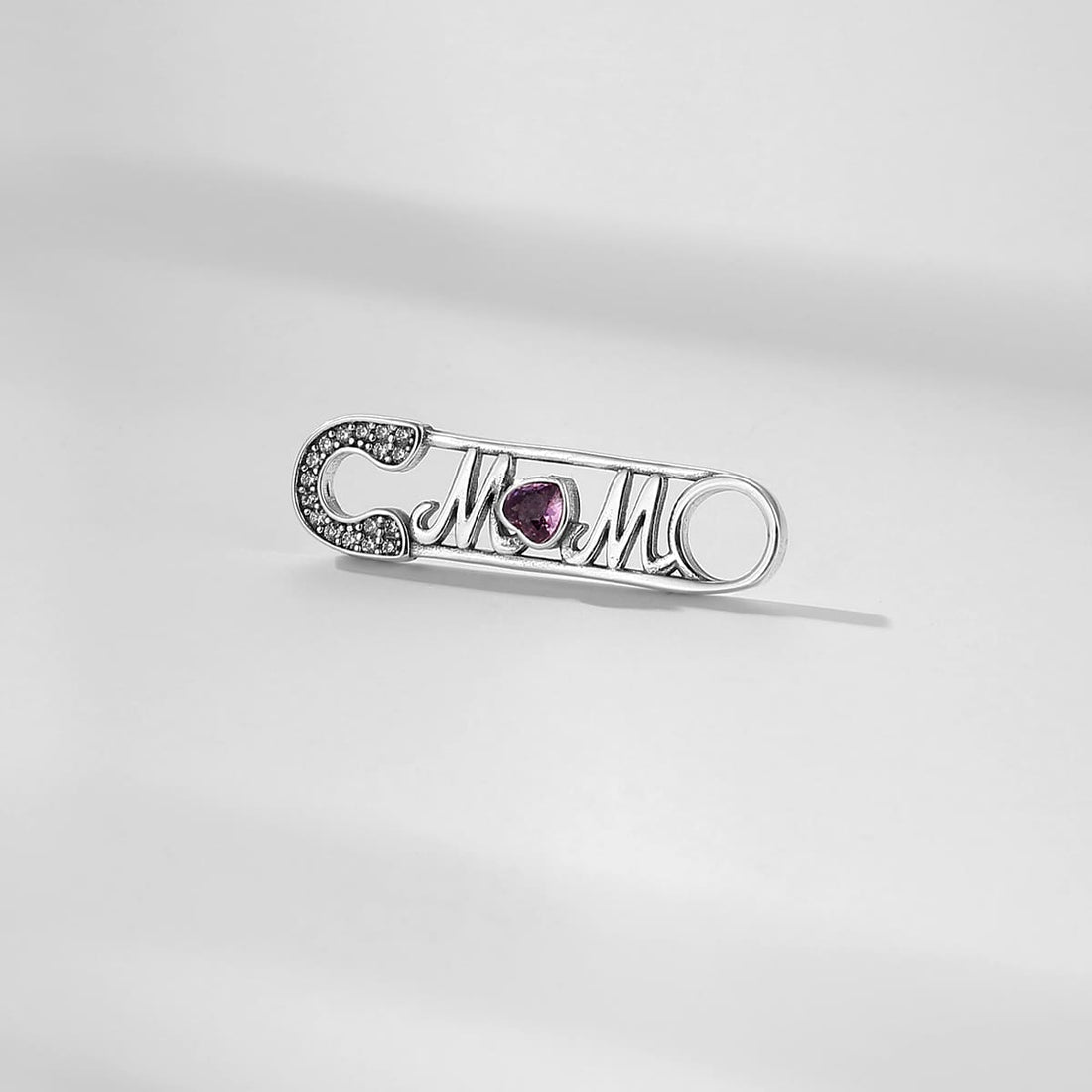 "Guardian Heart" Mom Safety Pin Charm - 925 Silver Shimmering Zirconia