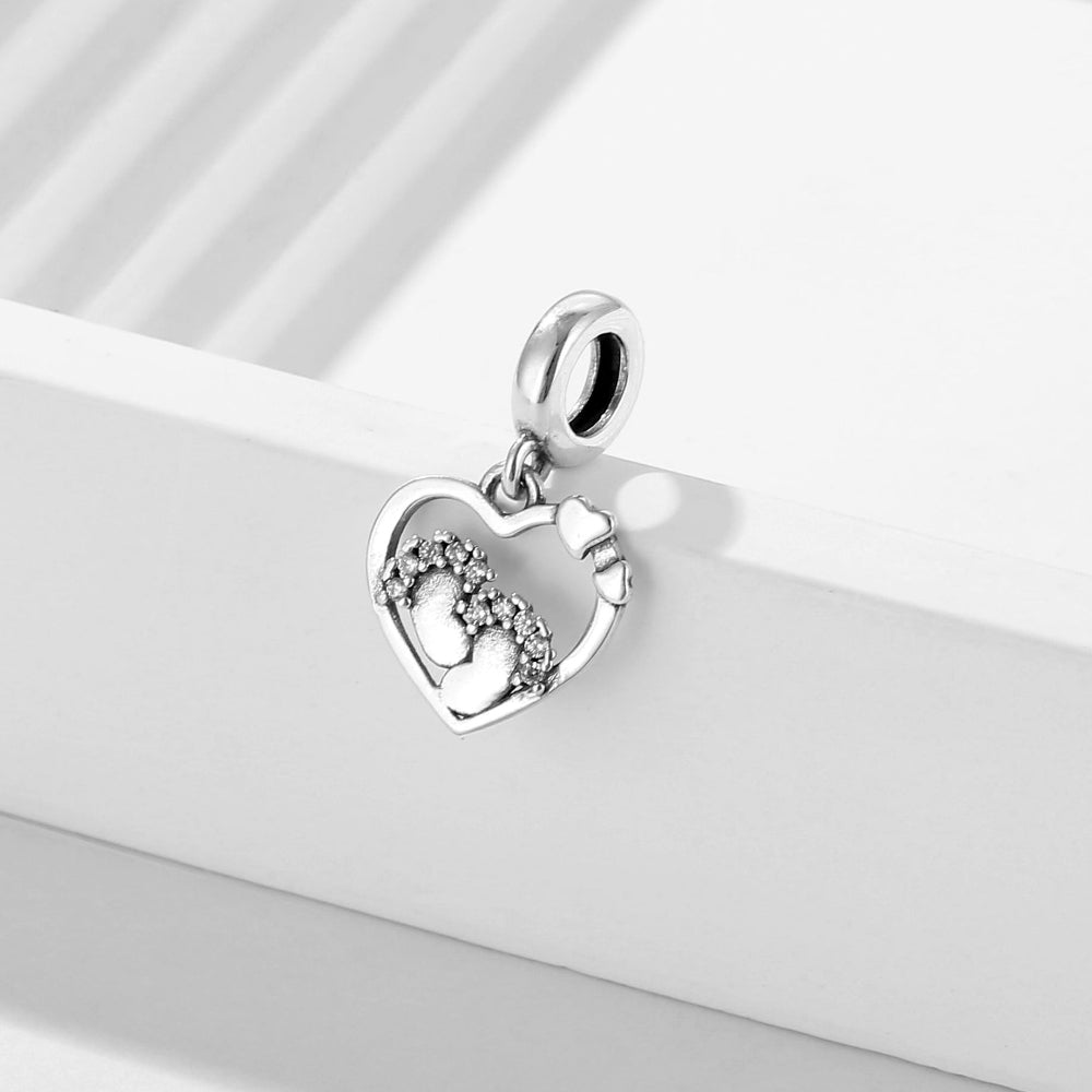 "First Steps" Baby Feet Heart Dangle Charm - 925 Silver Pave Zirconia