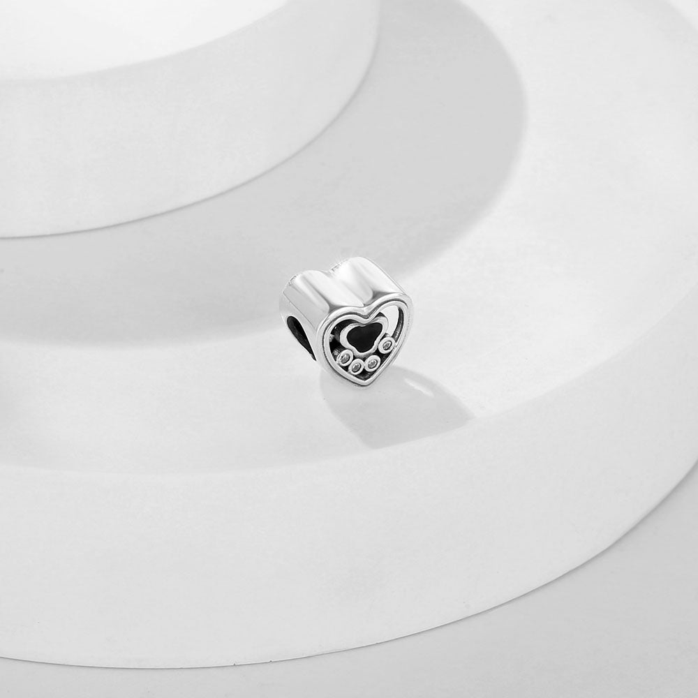 "Midnight Paw" Heart-in-Heart Bead - 925 Sterling Silver & Black Enamel