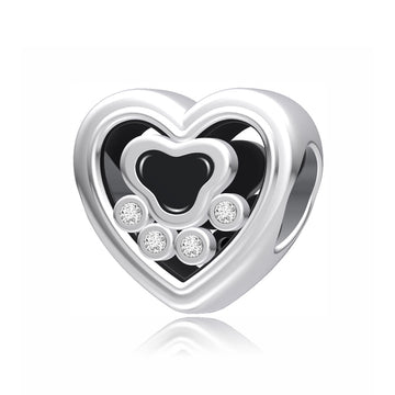"Midnight Paw" Heart-in-Heart Bead - 925 Sterling Silver & Black Enamel