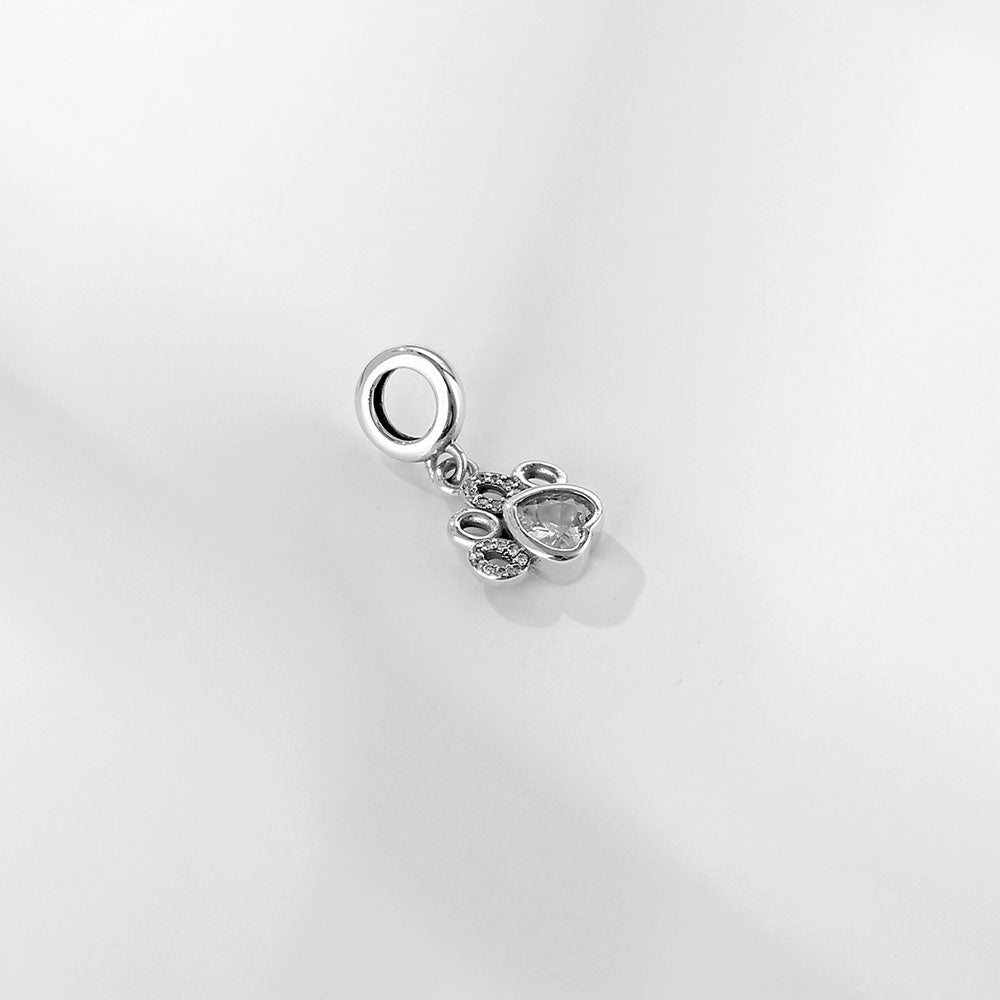 "Radiant Heartbeat" Paw Dangle Charm - 925 Sterling Silver & Heart-Cut Zirconia