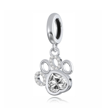 "Radiant Heartbeat" Paw Dangle Charm - 925 Sterling Silver & Heart-Cut Zirconia