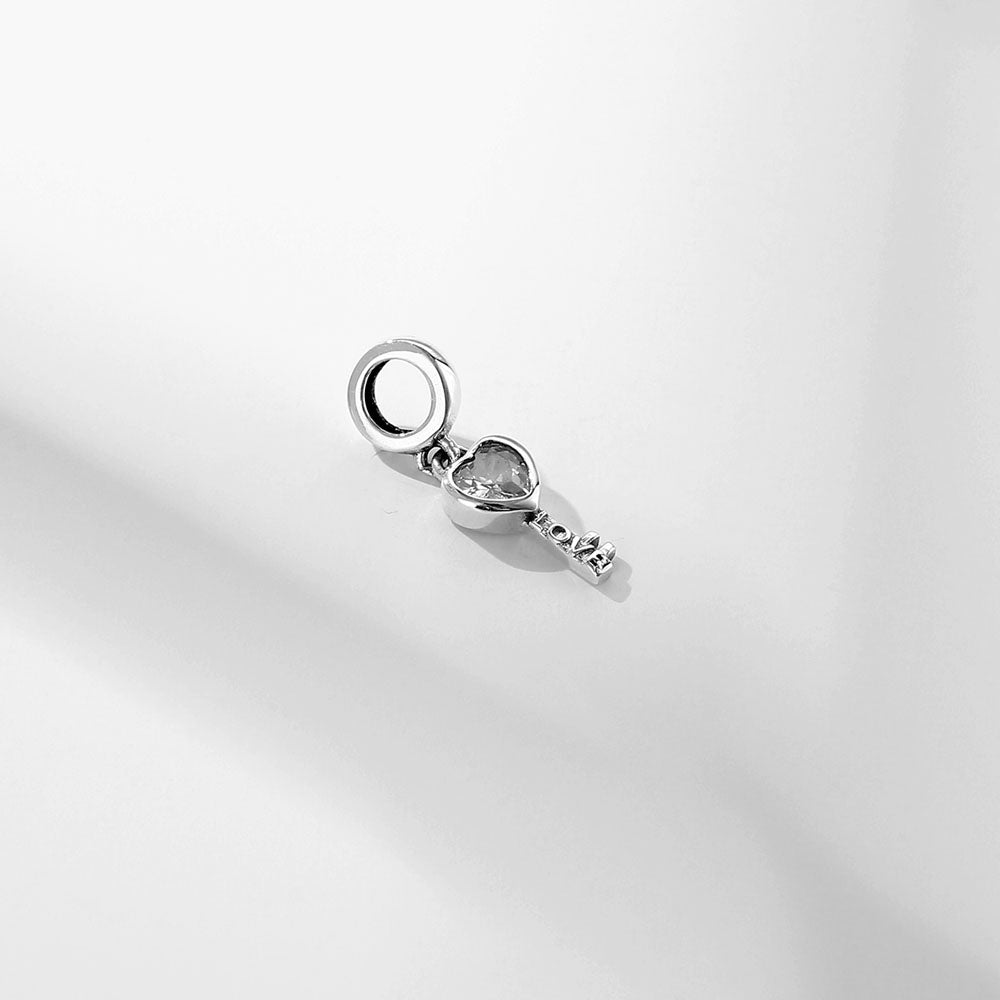 "Key to Love" Heart Dangle Charm - 925 Sterling Silver & Clear CZ