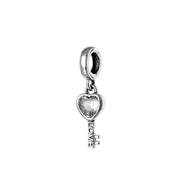"Key to Love" Heart Dangle Charm - 925 Sterling Silver & Clear CZ
