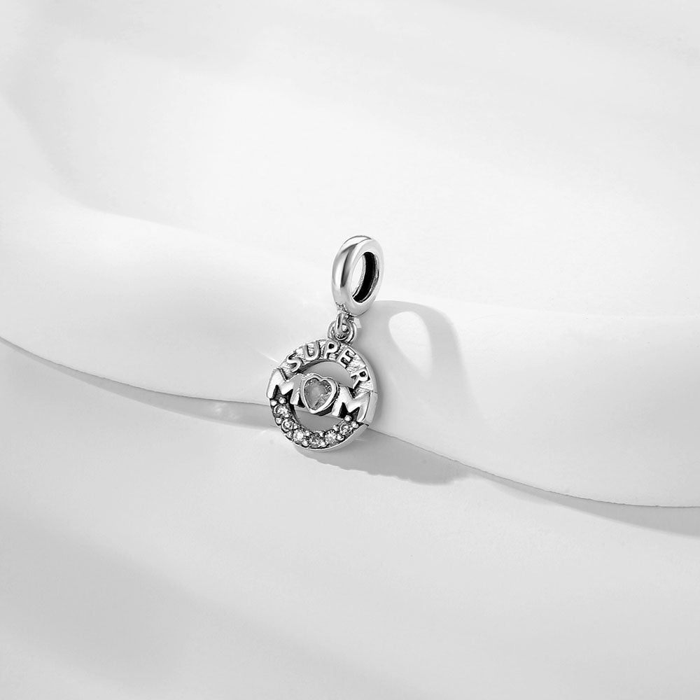 "Radiant Guardian" Super Mom Circle Charm - 925 Silver Heart Zirconia
