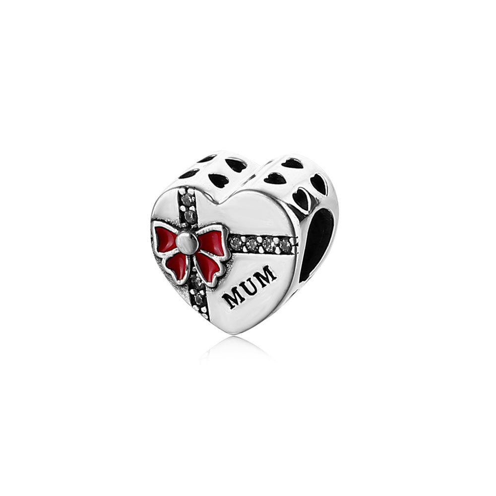 "The Greatest Gift" Mum Heart Charm - 925 Silver Red Bow & Zirconia
