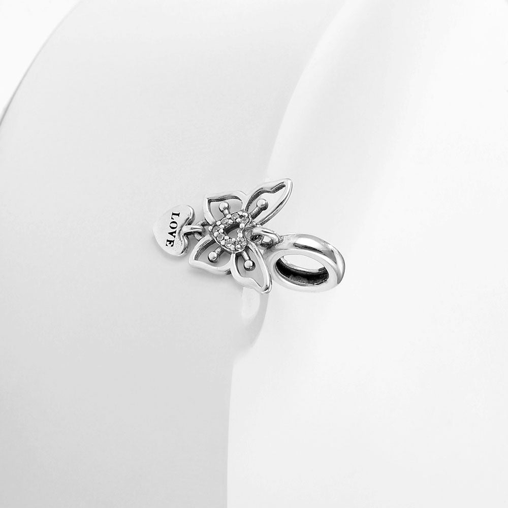 "Butterfly Promise" LOVE Heart Dangle Charm - 925 Sterling Silver & Pavé CZ