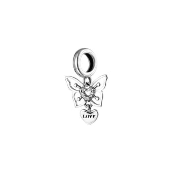 "Butterfly Promise" LOVE Heart Dangle Charm - 925 Sterling Silver & Pavé CZ