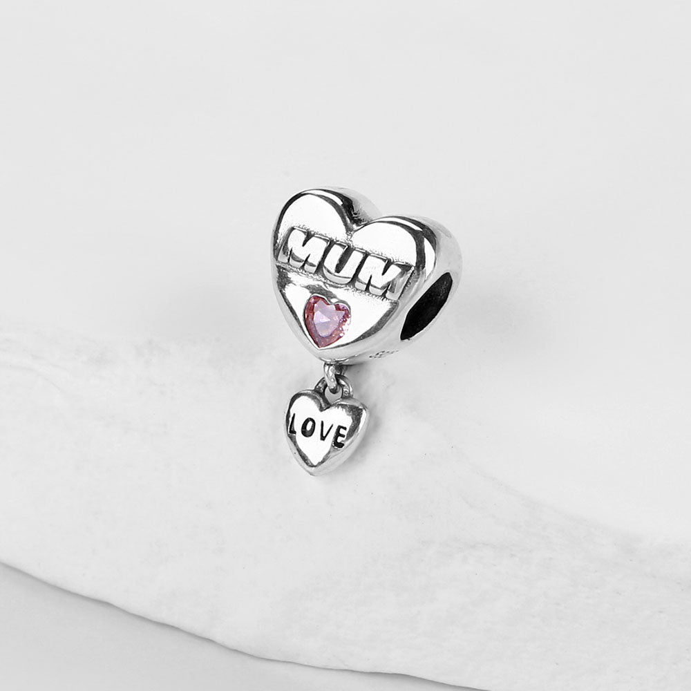 "Eternal Love" MUM Heart Charm - 925 Sterling Silver Pink Crystal Gift