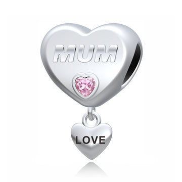 "Eternal Love" MUM Heart Charm - 925 Sterling Silver Pink Crystal Gift