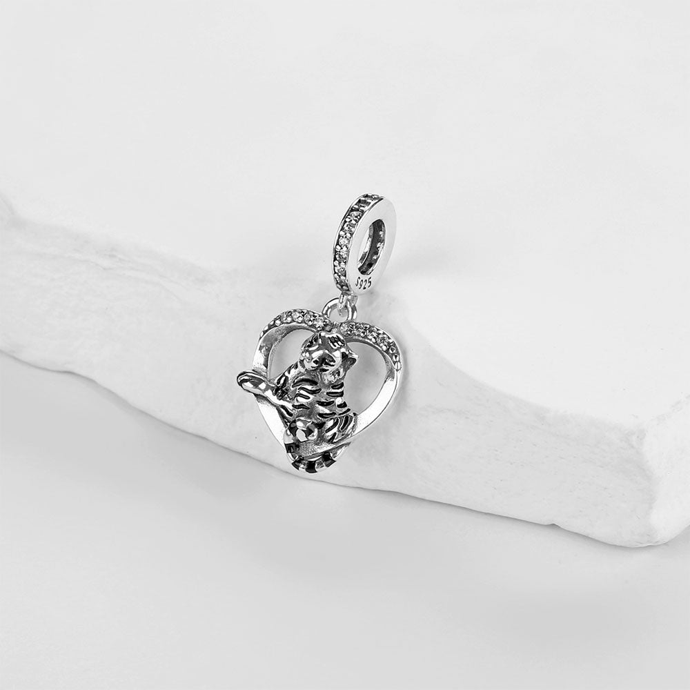 "Wild Soul" Tiger Heart Dangle Charm - 925 Sterling Silver & Synthetic Zirconia