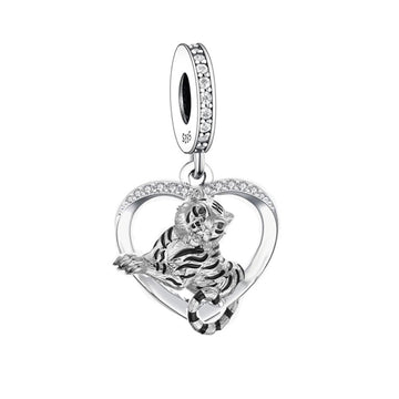"Wild Soul" Tiger Heart Dangle Charm - 925 Sterling Silver & Synthetic Zirconia