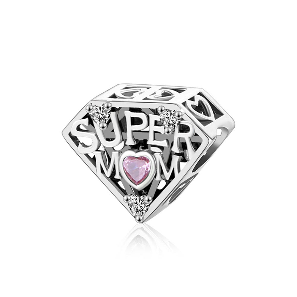"My Hero" Super Mom & Dad Radiant-Heart Charm - 925 Sterling Silver