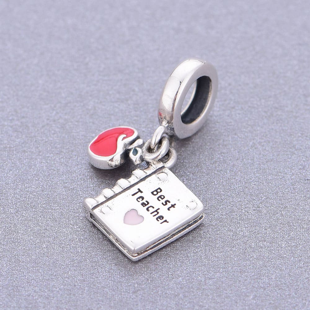 "Best Teacher" Red Apple & Book Charm - 925 Sterling Silver