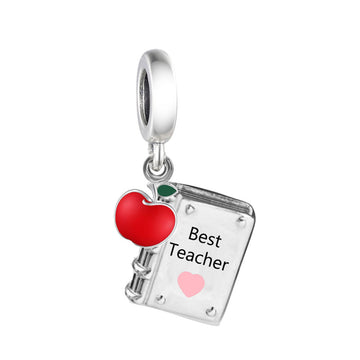 "Best Teacher" Red Apple & Book Charm - 925 Sterling Silver