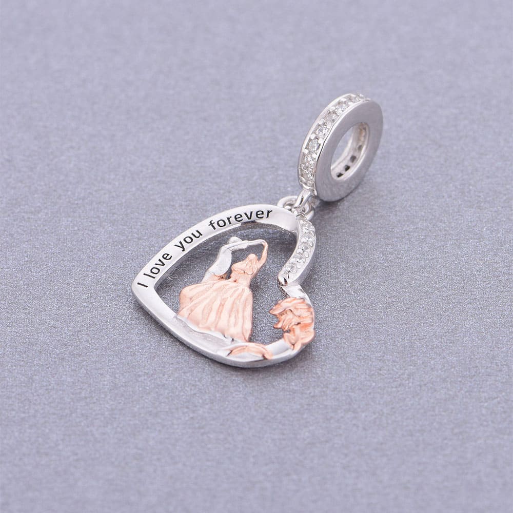"Eternal Waltz" Heart Dangle Charm - Two-Tone White & Rose Gold 925 Silver