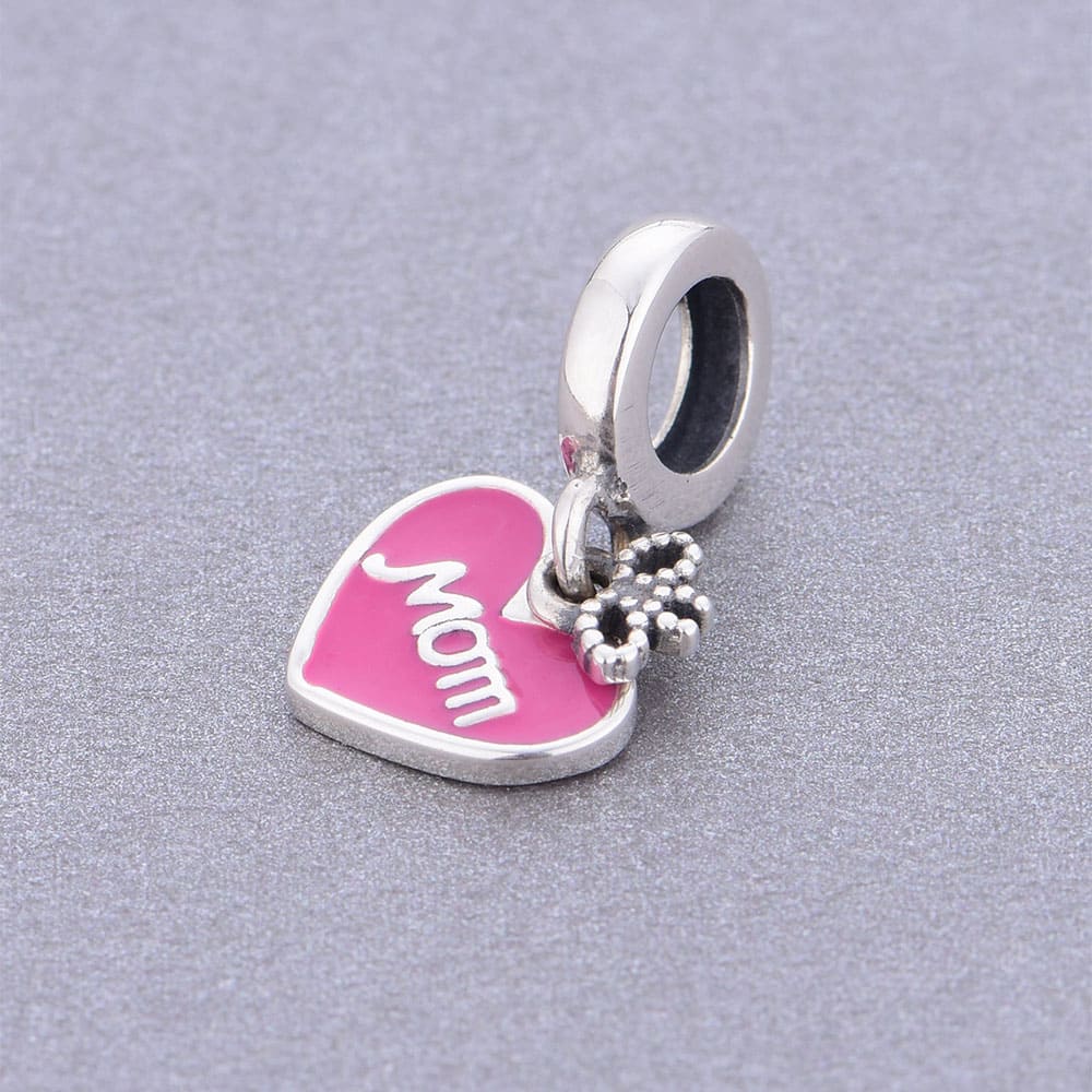 "Sweet Bow" Mom Pink Heart Charm - 925 Sterling Silver Family Gift