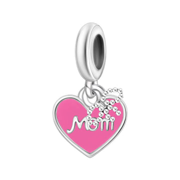 "Sweet Bow" Mom Pink Heart Charm - 925 Sterling Silver Family Gift