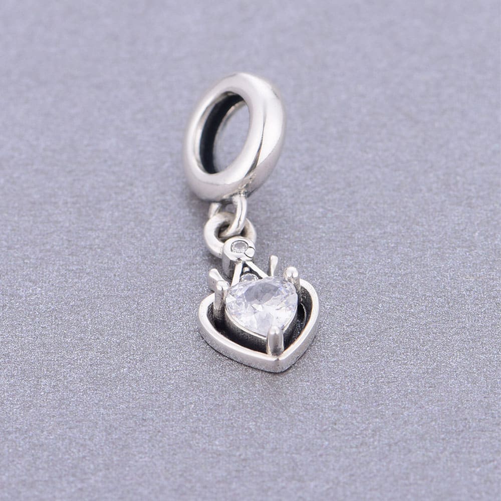 "Regal Heart" Crown Solitaire Dangle Charm - 925 Sterling Silver & Clear CZ
