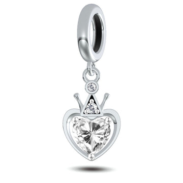 "Regal Heart" Crown Solitaire Dangle Charm - 925 Sterling Silver & Clear CZ