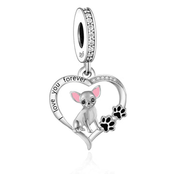 "Tiny Treasure" Chihuahua Heart Dangle Charm - 925 Sterling Silver & Pavé CZ