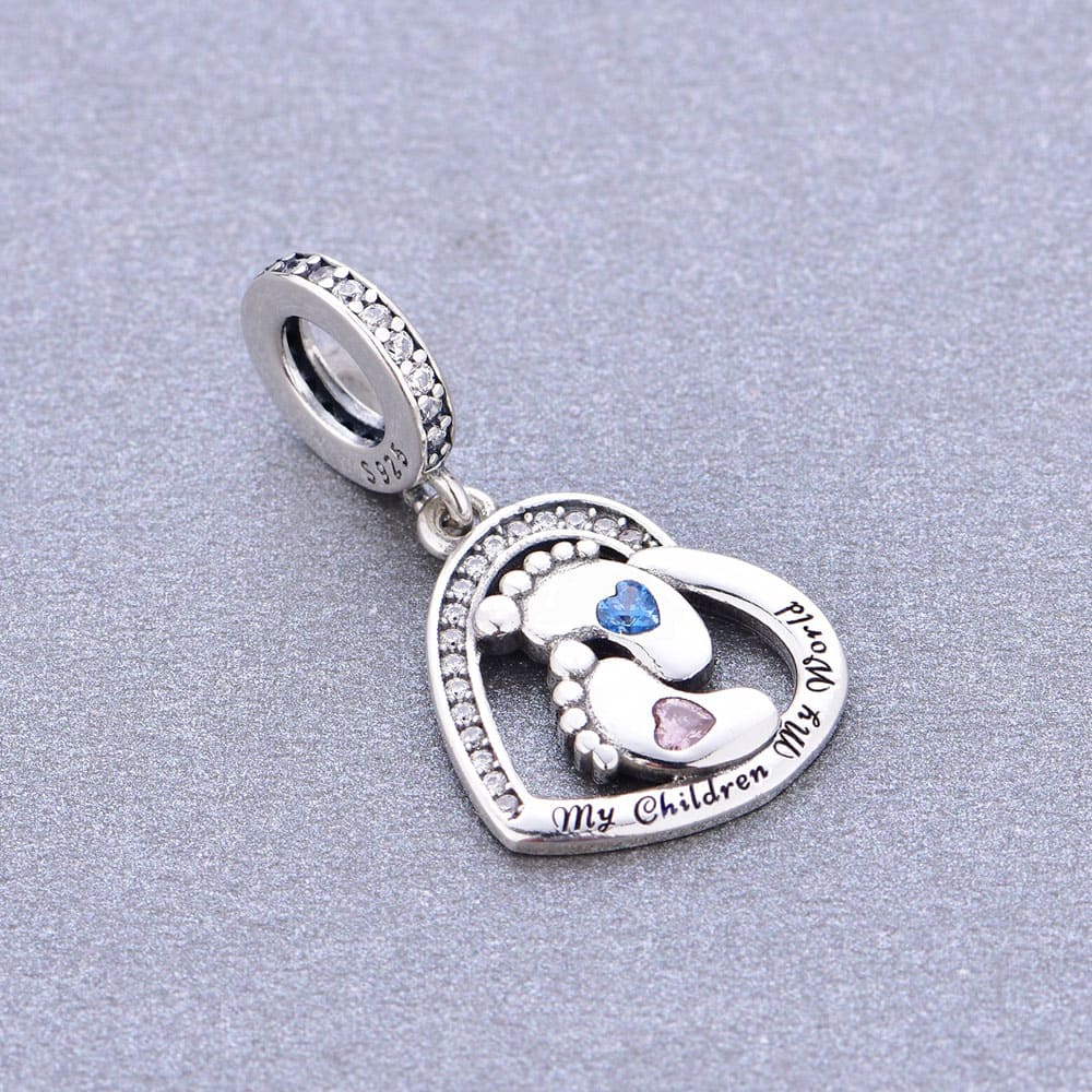 "My World" Footprints Heart Charm - 925 Silver Gift for Proud Moms