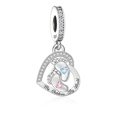 "My World" Footprints Heart Charm - 925 Silver Gift for Proud Moms