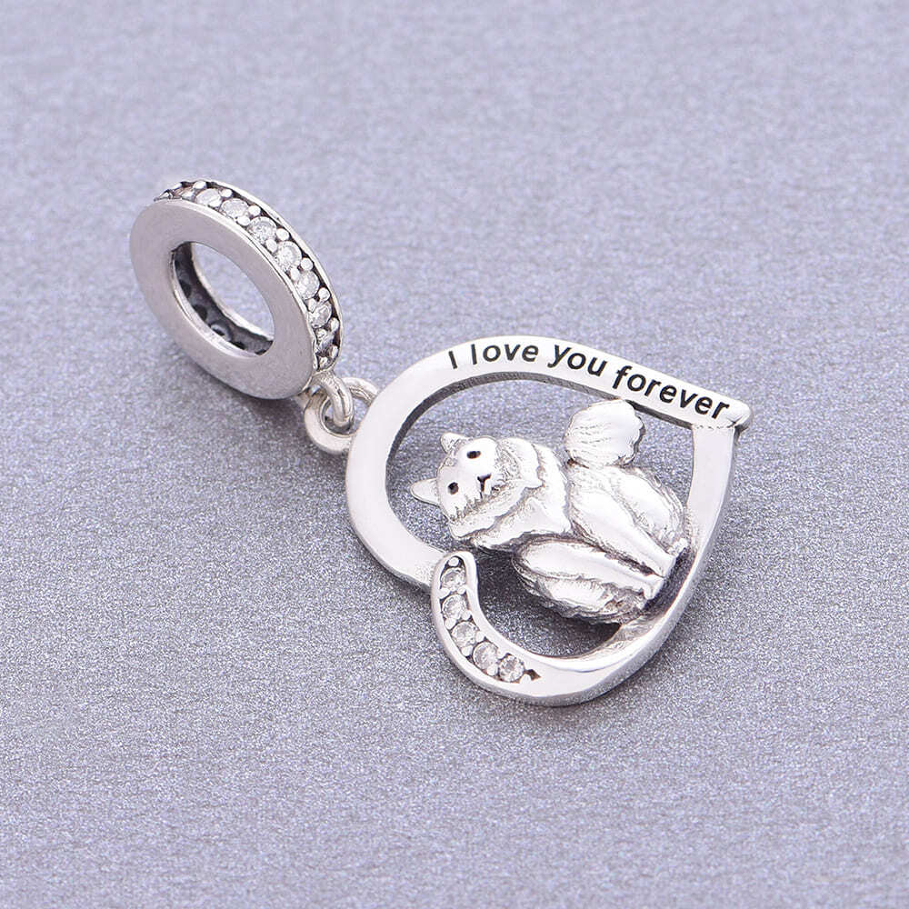 "Eternal Companion" Maine Coon Heart Dangle Charm - 925 Sterling Silver