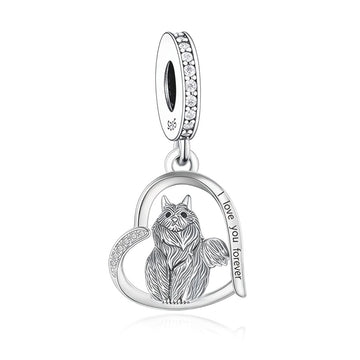 "Eternal Companion" Maine Coon Heart Dangle Charm - 925 Sterling Silver