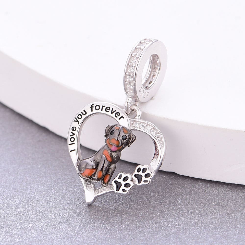 "Loyal Soul" Rottweiler Dog Heart Pendant Dangle Charm - 925 Sterling Silver