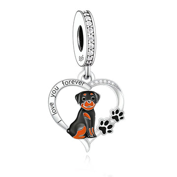 "Loyal Soul" Rottweiler Dog Heart Pendant Dangle Charm - 925 Sterling Silver