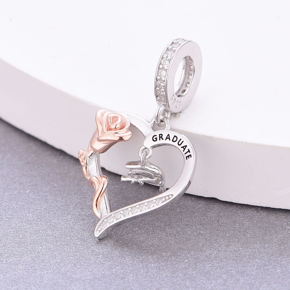 "Blooming Success" Rose & Graduation Heart Pendant - 925 Silver
