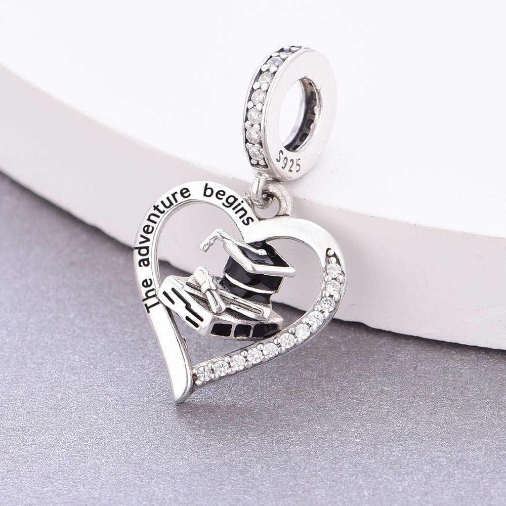 "The New Adventure" Graduation Heart Charm - 925 Sterling Silver