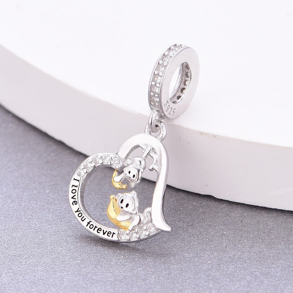 "Sweet Bond" Monkey & Banana Heart Charm - 925 Silver White Gold Plated