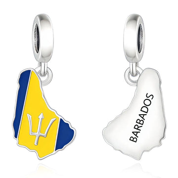 "Island Paradise" Barbados Map Flag Dangle Charm - 925 Sterling Silver & Enamel