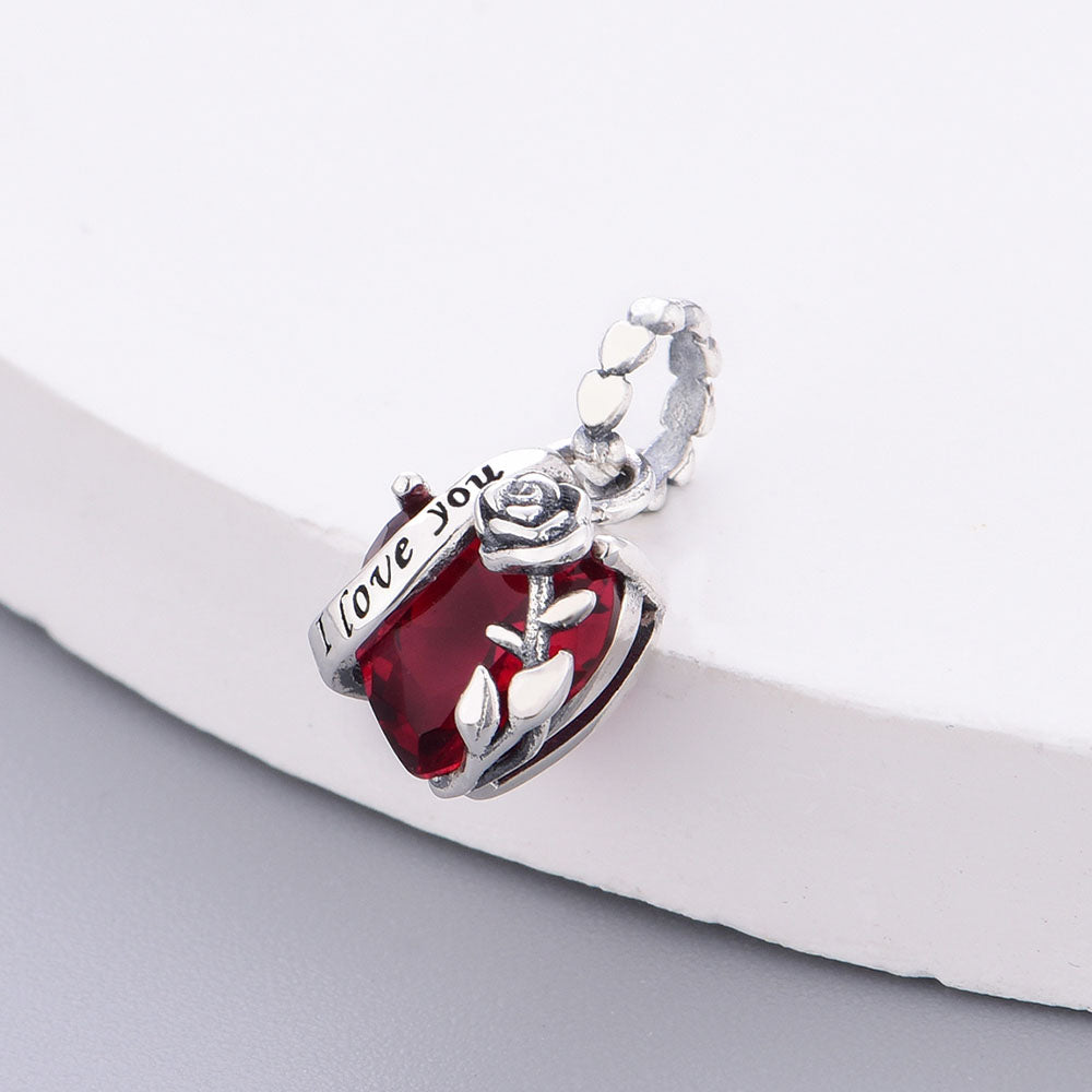 "Scarlet Vow" Ruby-Red Heart & Rose Dangle Charm - 925 Sterling Silver