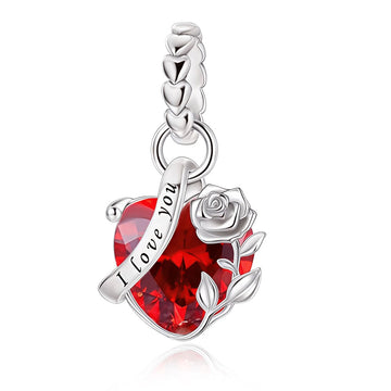 "Scarlet Vow" Ruby-Red Heart & Rose Dangle Charm - 925 Sterling Silver