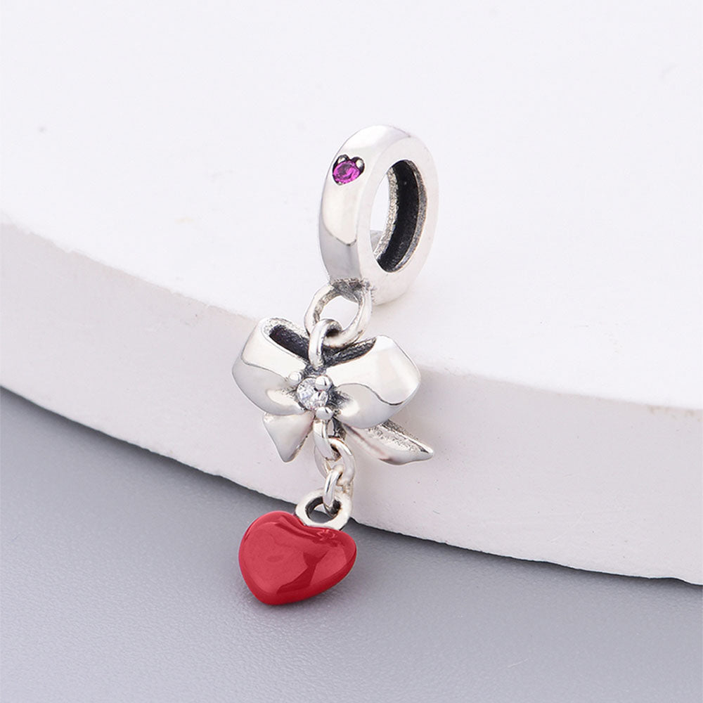 "Sweet Ribbon" Bow & Heart Dangle - 925 Sterling Silver Charm