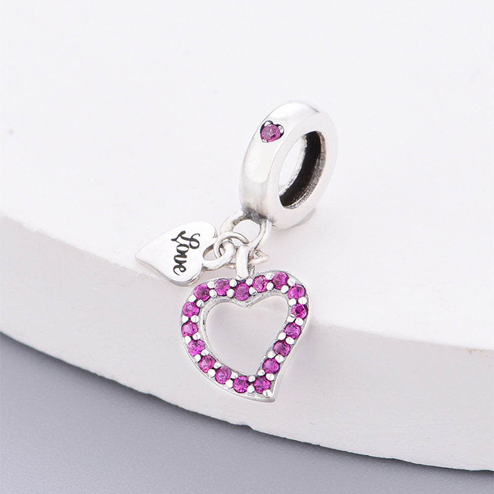 "Radiant Devotion" Magenta Heart Dangle Charm - 925 Sterling Silver