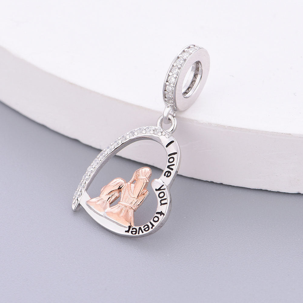 "Tender Moments" Mother & Daughter Heart Dangle Charm - Two-Tone 925 Silver
