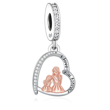 "Tender Moments" Mother & Daughter Heart Dangle Charm - Two-Tone 925 Silver