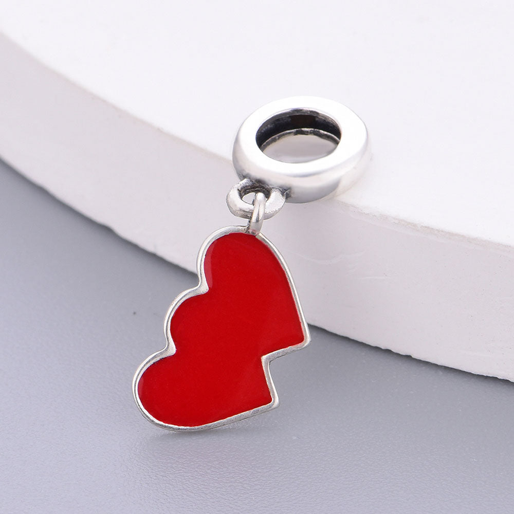 "Echo of Love" Dual-Sided Heart Dangle Charm - Red Enamel & 925 Sterling Silver