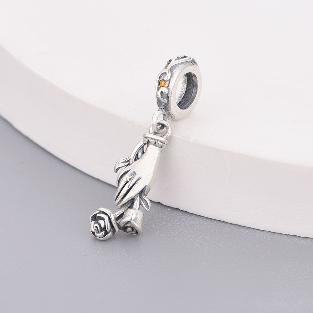 "Eternal Devotion" Hand & Rose Dangle Charm - Vintage 925 Sterling Silver