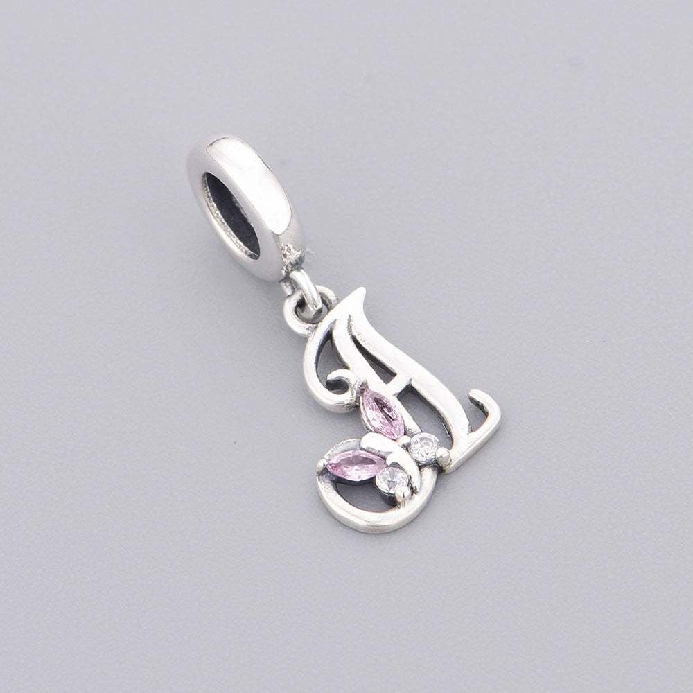 "Butterfly Script" Alphabet Letter Initial Charm - 925 Sterling Silver & Pink Crystal