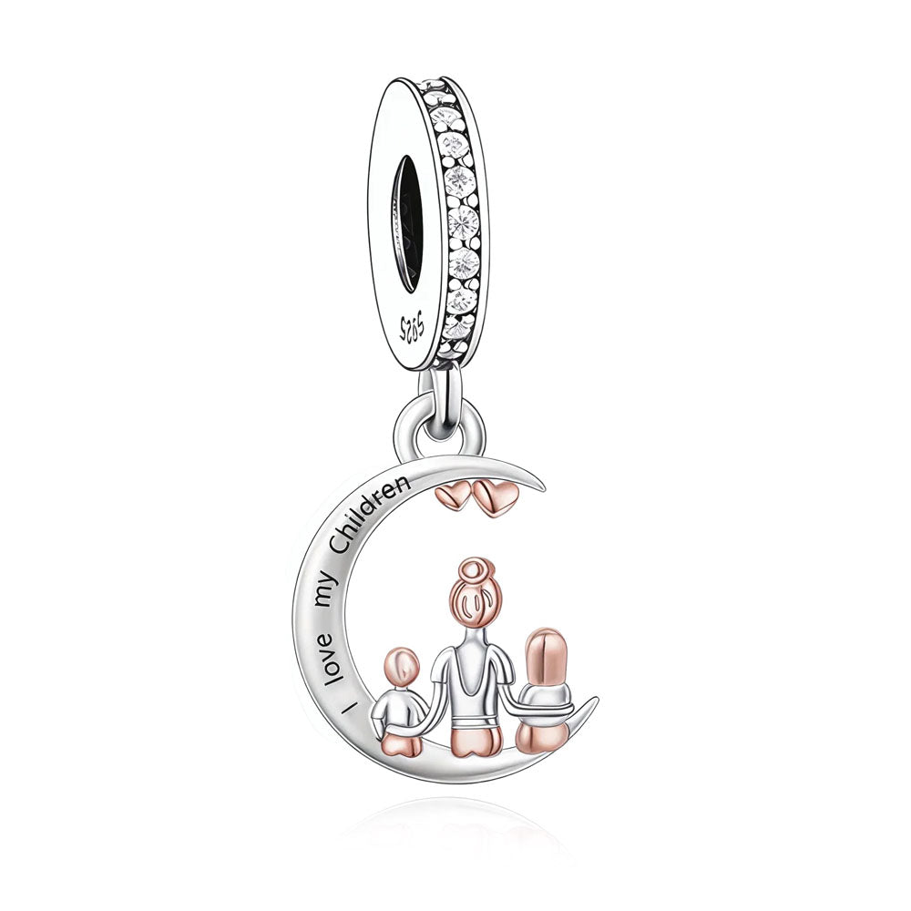 "Moonlight Embrace" Mother & Children Charm - Two-Tone Silver Gift