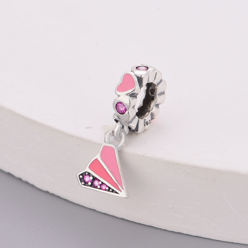 "Paper Plane Promise" Pink Enamel Dangle Charm - 925 Sterling Silver & CZ
